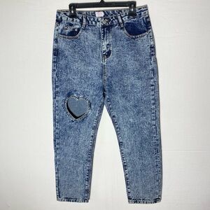 Tal Clothing Acid Wash Blue High Rise Cropped Jeans W Heart Cutout 31